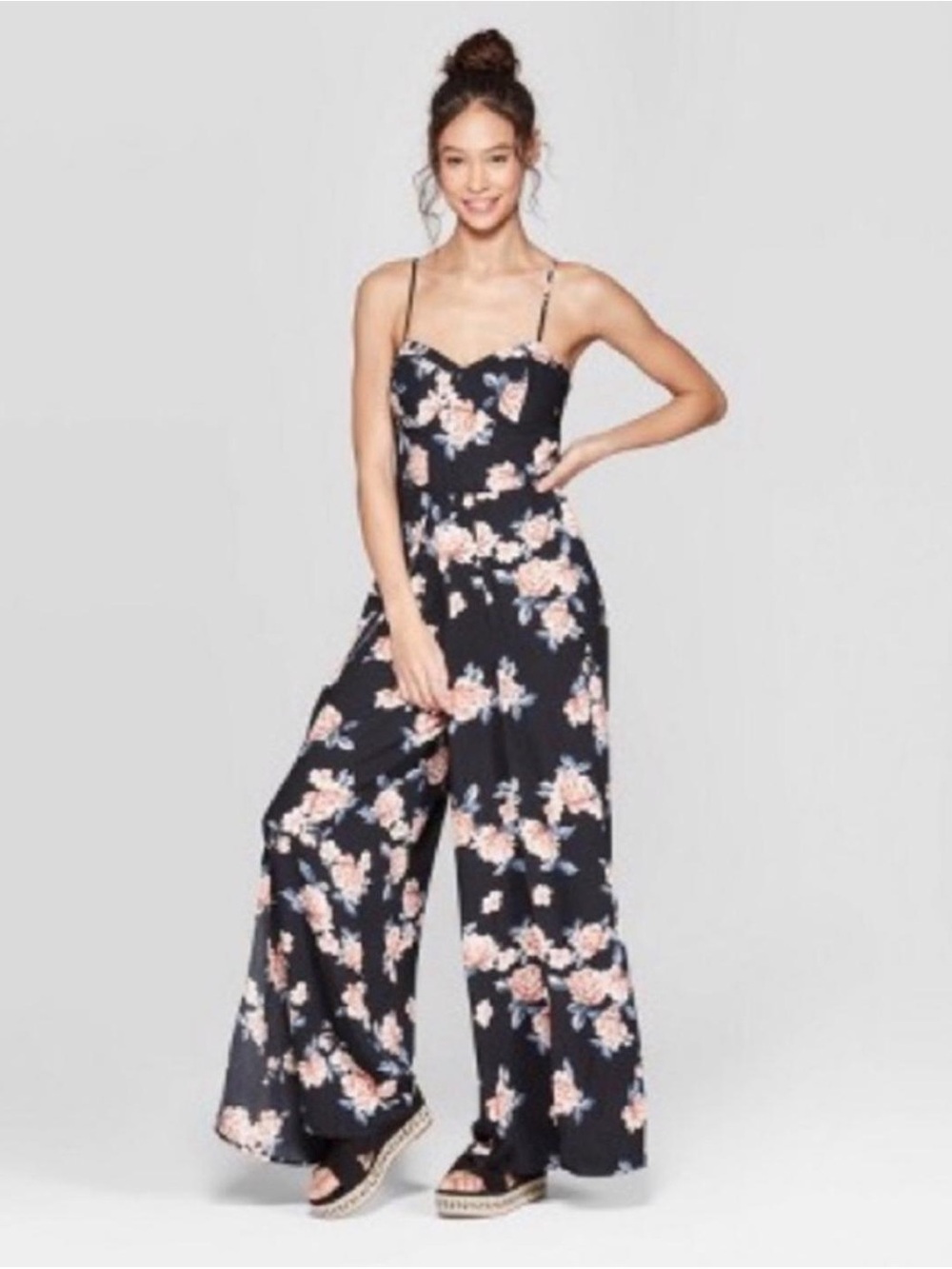 Xhilaration Navy Floral Wide-Leg Spaghetti-Strap Jumpsuit